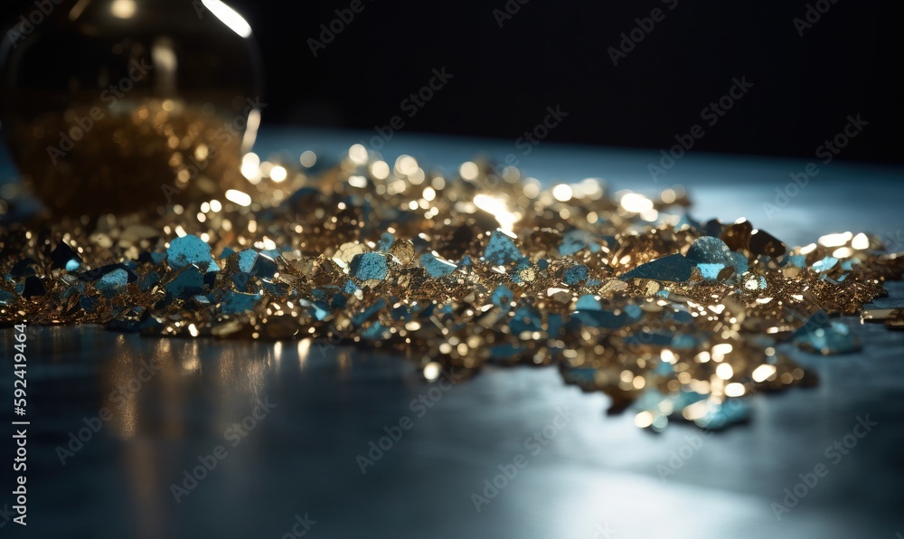 a pile of gold and blue glitter next to a vase with a candle in it on a blue table cloth with a black background and a black background. generative ai a pile of gold and blue glitter next to a vase with a candle in it on a blue table cloth with a black background and a black background. generative ai