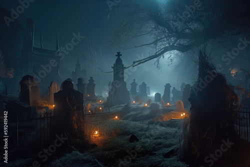 Halloween background with cemetery  ghost and jack-o-lantern pumpkins. Generative ai