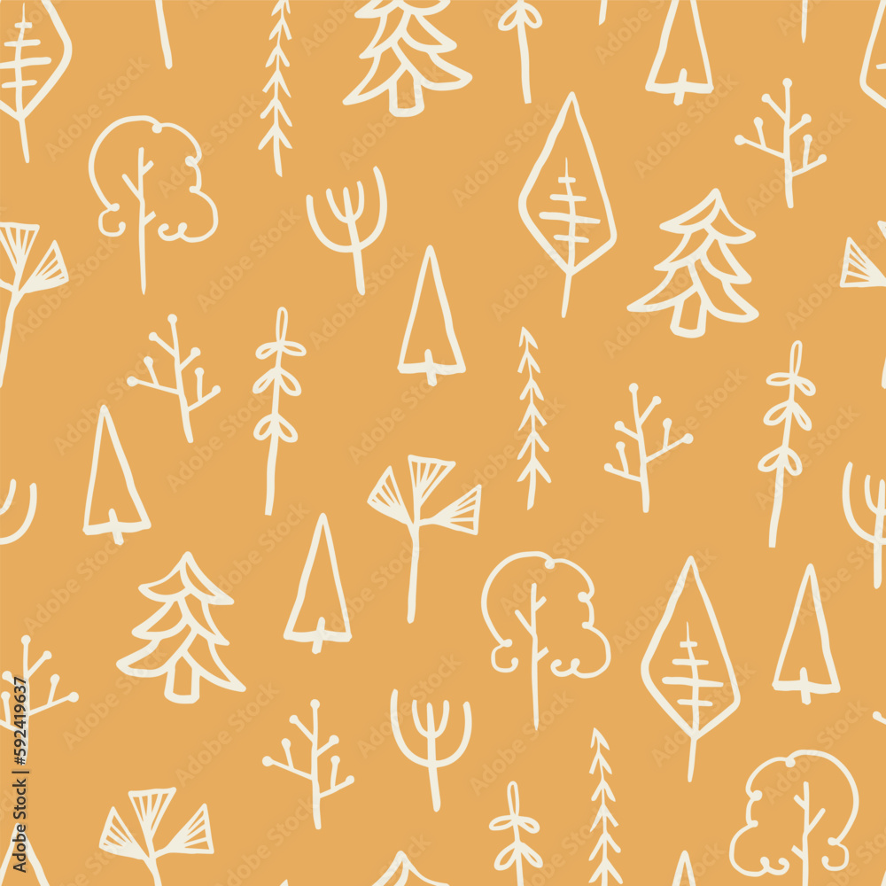 Fototapeta premium Forest Trees Doodle Drawing Seamless Vector Repeat Pattern