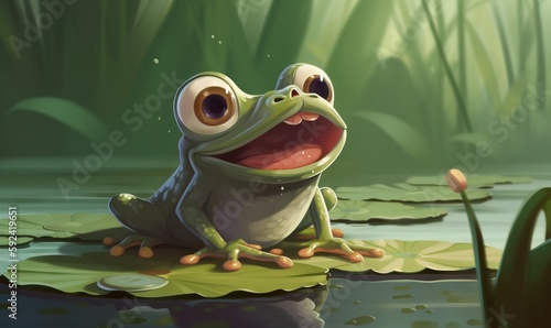  a frog sitting on a lily pad in a pond with a frog looking at the camera with a surprised look on its face and eyes.  generative ai