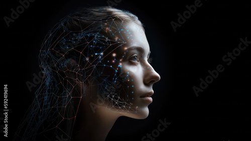 Generative ai futuristic image with glowing dots in space and a womens face
