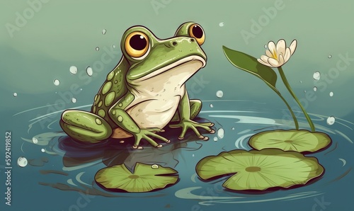  a frog sitting on a lily pad in a pond with water lilies and a flower in the water illustration by fritsy freck.  generative ai