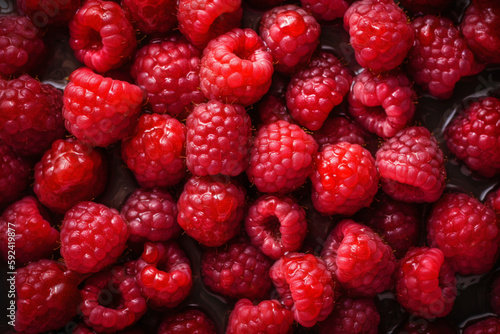 Fresh Raspberries background, adorned with glistening droplets of water. Generative AI