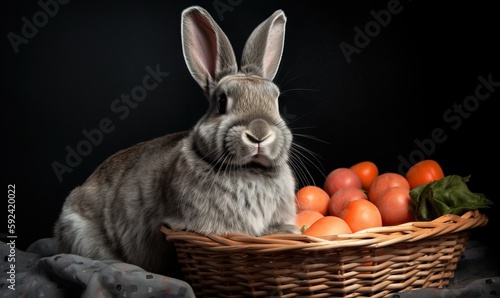  a rabbit is sitting next to a basket of tomatoes and a basket of tomatoes on a bed with a blanket on the floor and a black background.  generative ai