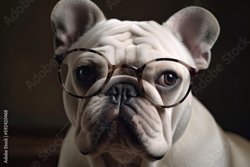 A Cute and Comic French Bulldog Puppy Wearing Glasses: An Adorable Pet Portrait. Generative AI © Serhii