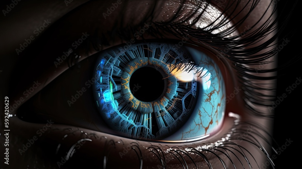 A Glimpse into the Future: Beautiful Closeup of Human Eye with Artificial Intelligence Aesthetic. Generative AI