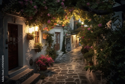 A Look into the Evening of a Greek Village  Painting of a Beautiful Street with Rustic Old-Fashioned Houses  Summer Flowers  and Glowing Lamps  Generative AI