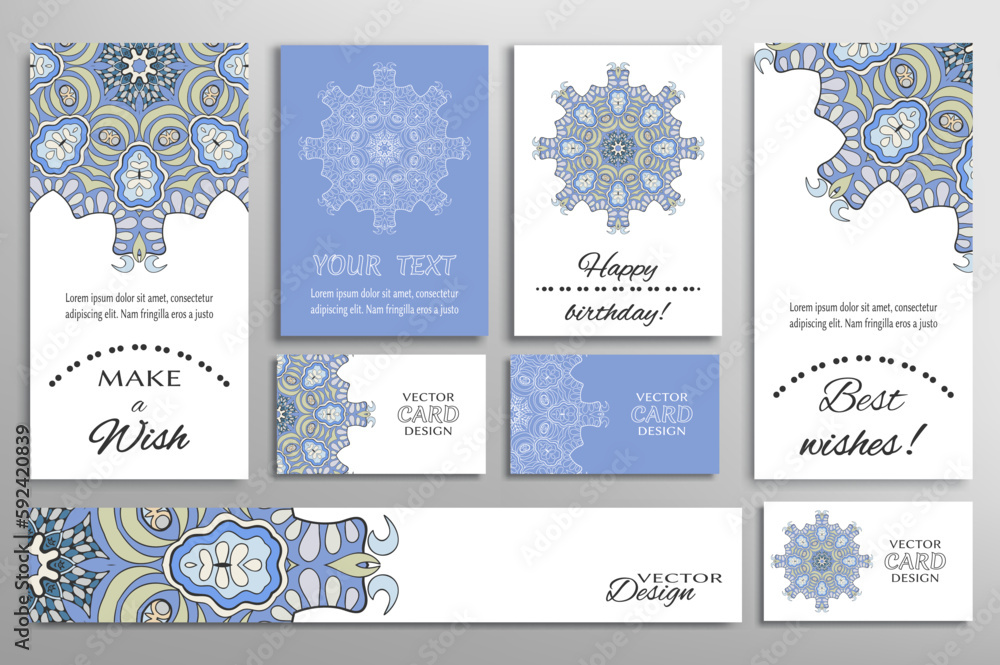Fototapeta premium Big set of greeting Cards or wedding Invitations. Postcards template with inscription Make a Wish, Best Wishes, Happy Birthday. Banner, business cards with mandala ornament. Isolated design elements
