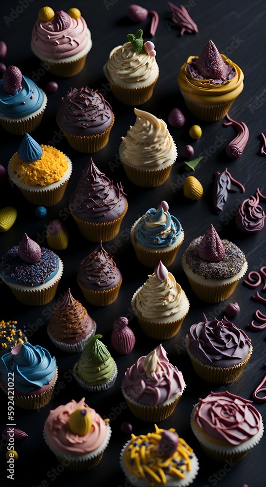 Close up cupcakes, food photography, a lot of food neatly laid out on a table, created with Generative AI technology Close up cupcakes, food photography, a lot of food neatly laid out on a table, created with Generative AI technology