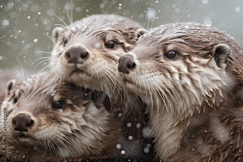 A Warm Family Moment: Adorable White Otters Cuddling Under Falling Snow. Generative AI