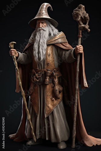 A Wise Old Mage with Magical Staff: 3D Illustration of a Fantasy Adventurer, Generative AI