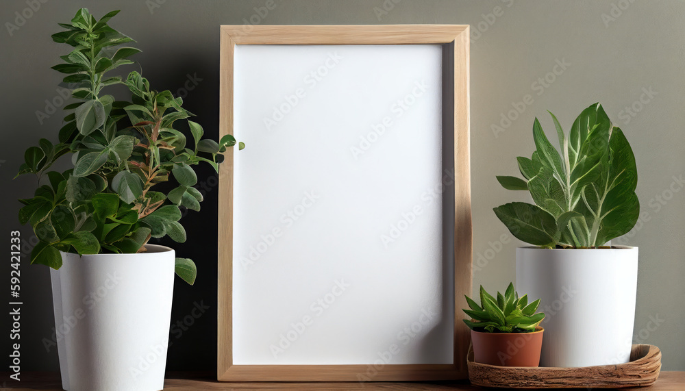 Wooden vertical frame with white blank card. AI generated