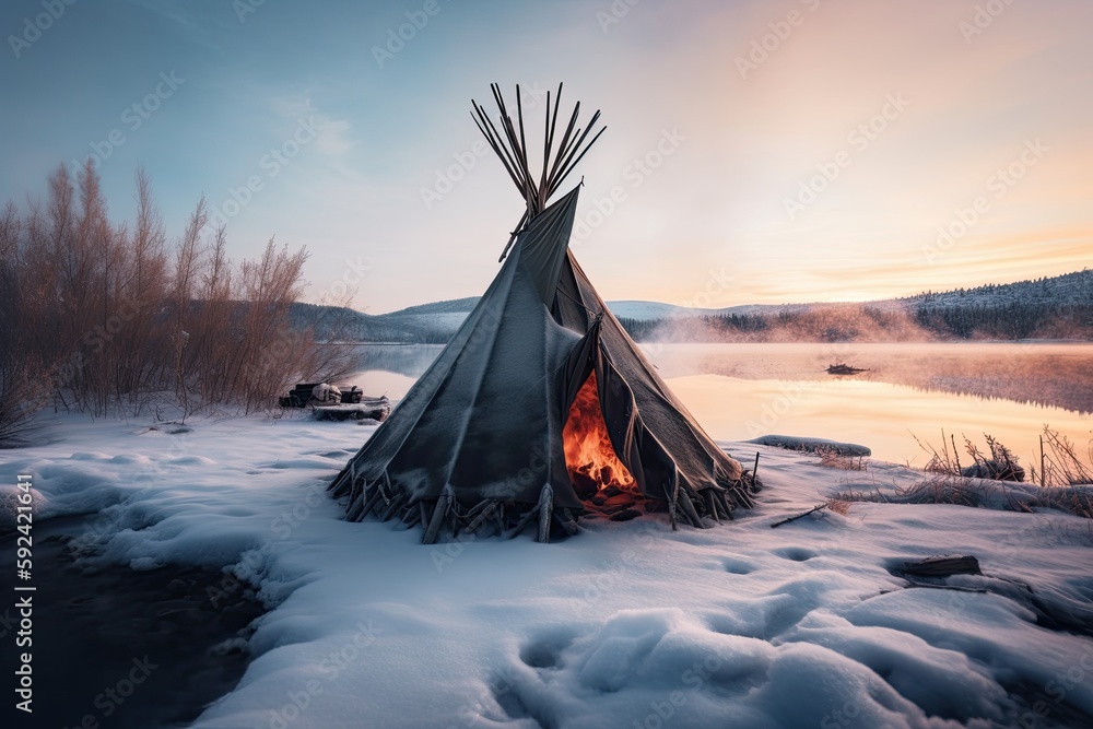 Cold Winter Beauty: Tipi, Tribal Ancient Campfire Glow at Frozen Lake amidst Snow-Capped Mountain Scenery. Generative AI