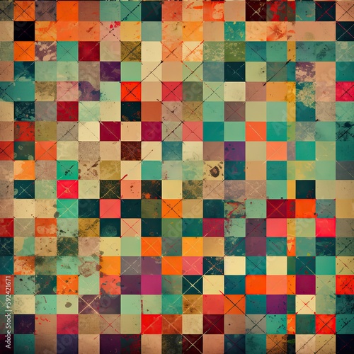 Colourful Patterned Textures: A Vibrant Geometric Design of Vintage Wallpaper, Seamless Fabric & Mosaic Squares. Generative AI