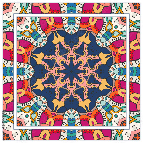  Hand drawn artistic background. Seamless pattern with ornate frame border, doodle floral ornament. Bandana shawl, tablecloth fabric print, silk neck scarf, kerchief design. Vector illustration