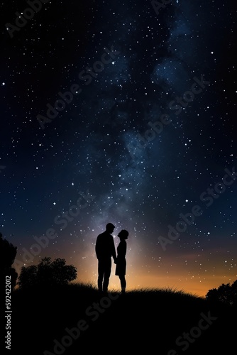 Eternal Love in the Starry Sky: Couple Silhouette Kissing to Celebrate Romance and Passion, Generative AI © Serhii
