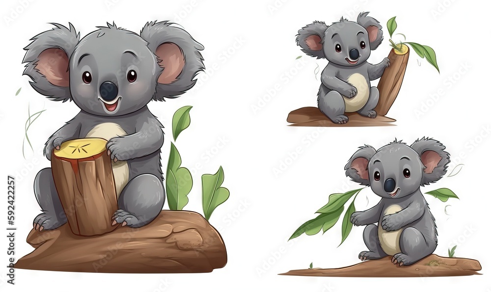 Fototapeta premium a set of three pictures of a koala bear sitting on a tree stump with a piece of wood in its mouth and a piece of wood in its mouth. generative ai