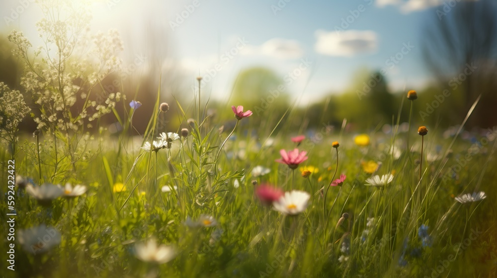 Eine wunderschöne Blumenwiese an einen warmen Sommertag, genrative AI