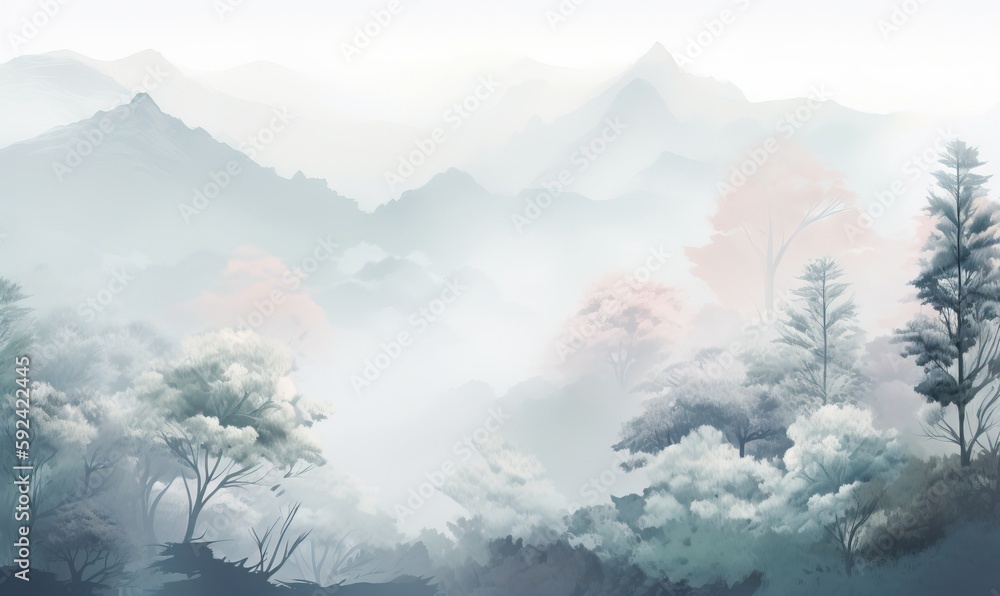  a painting of a mountain range with trees and clouds in the background and a pink sky in the foreground with a white cloud in the foreground.  generative ai