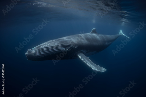 Majestic blue whale swimming and diving in blue crystal clear water of ocean - Generative AI 
