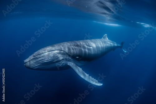 Majestic blue whale swimming and diving in blue crystal clear water of ocean - Generative AI 