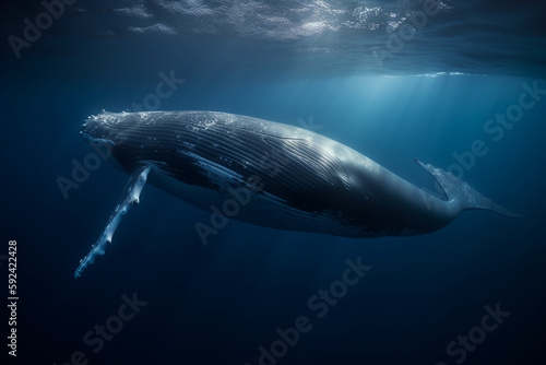 Majestic blue whale swimming and diving in blue crystal clear water of ocean - Generative AI  © Luca