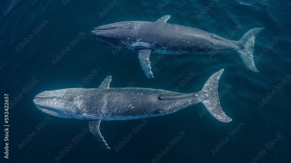 Obraz premium Drone view of blue whales swimming on surface of deep blue ocean - Generative AI