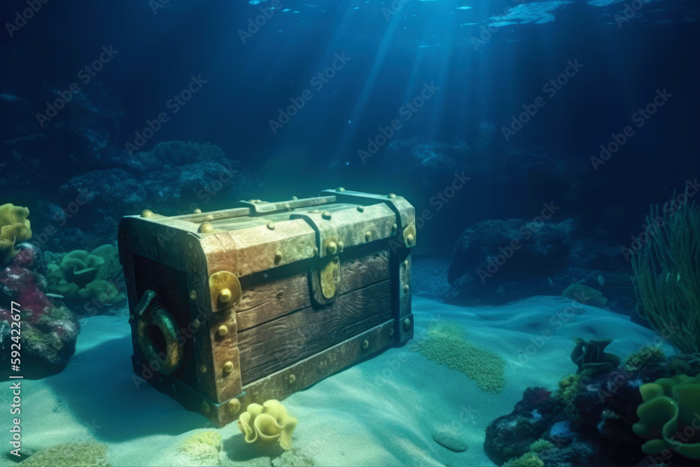 Lost chest lies at the bottom of sea. pirate treasures and