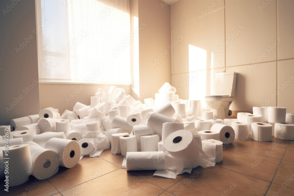 Toilet paper shortage. Room full of toilet paper supplies. Created with