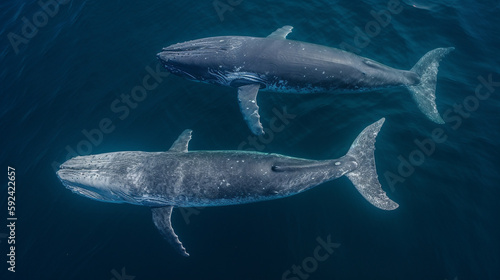 Drone view of blue whales swimming on surface of deep blue ocean - Generative AI © Luca