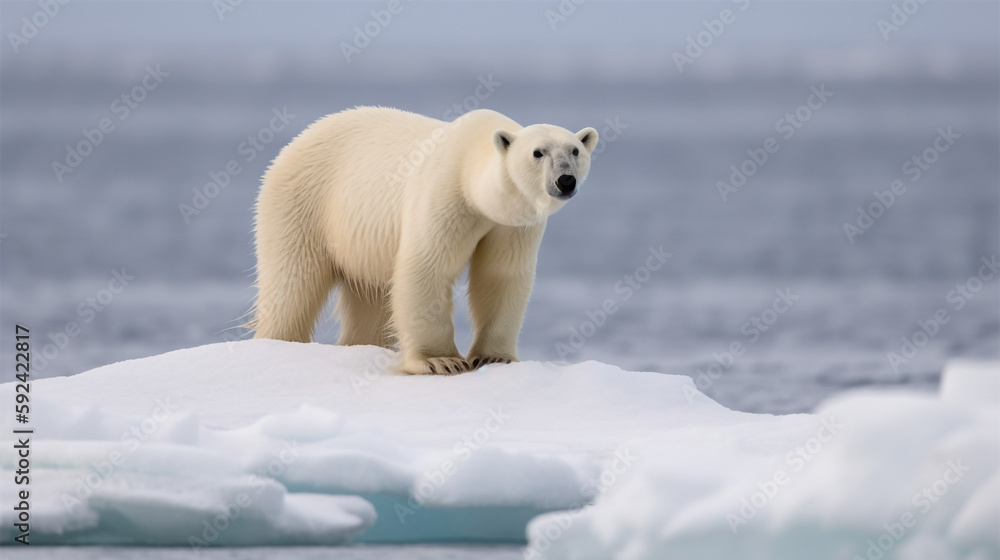 Lonely polar bear standing on singular ice shell in arctic ocean, climate change - Generative AI Lonely polar bear standing on singular ice shell in arctic ocean, climate change - Generative AI