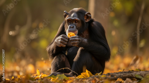 Fotografiet Chimpanzee eating a banana in rain forest isolatet background, great ape - Gener
