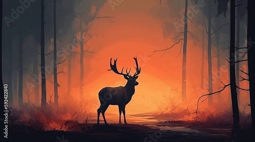 Deer on a background of burning forest in the midst of fire and smoke. Generative AI © Kateryna Kordubailo