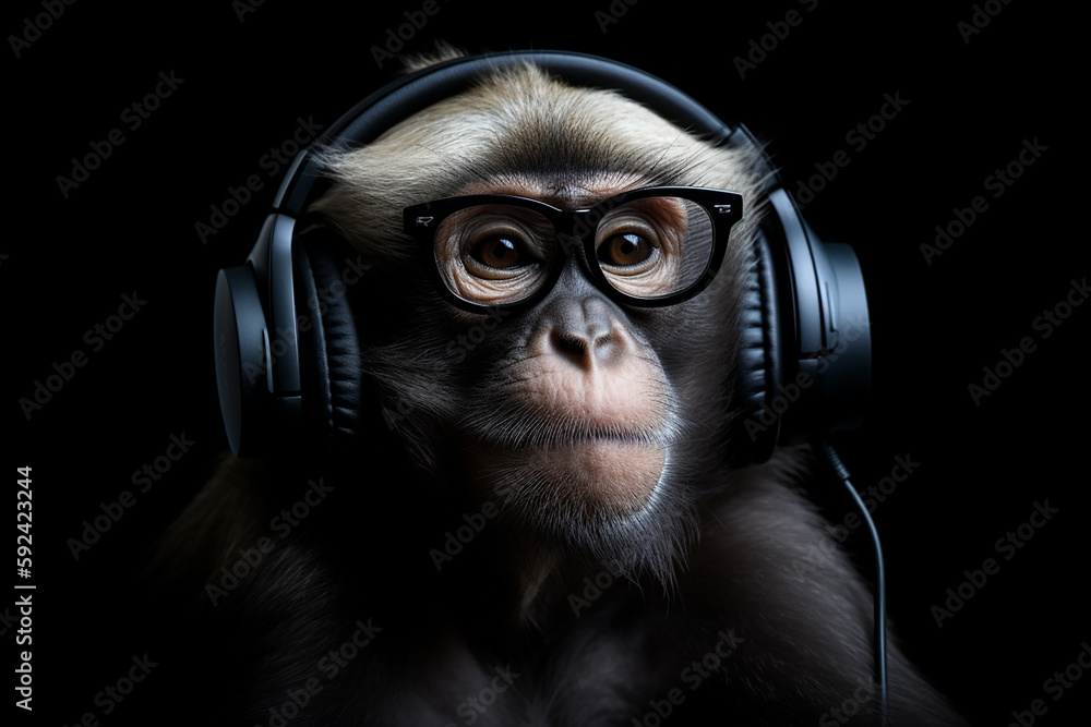 macaco com fones de ouvido - obrazy, fototapety, plakaty 