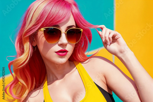 Portrait of a woman with pink hair and sunglasses on abstract painted wall background. Generative AI.