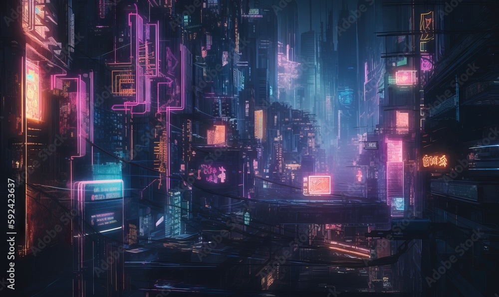  a futuristic cityscape with neon lights and neon buildings in the background, with a neon glow on the buildings and the city lights in the foreground.  generative ai