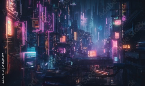  a futuristic cityscape with neon lights and neon buildings in the background, with a neon glow on the buildings and the city lights in the foreground. generative ai