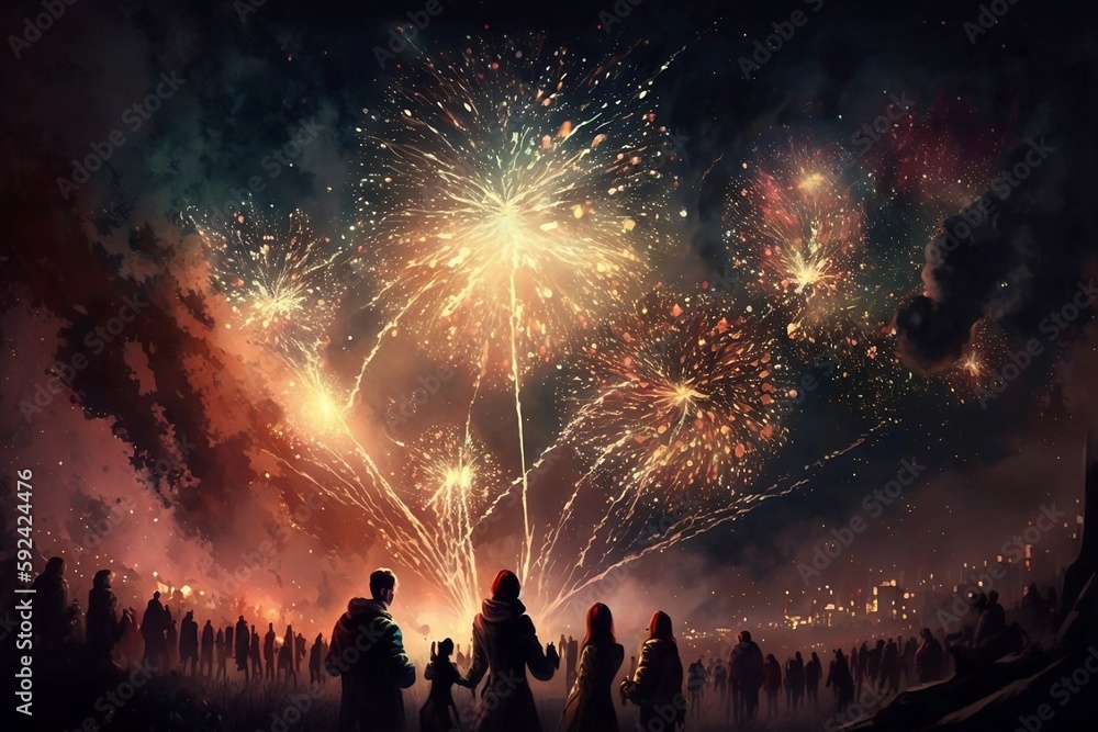 Crowd of people dancing in the night watching fireworks. Crated using generative AI.