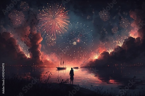 Fireworks over the lake. Crated using generative AI. 