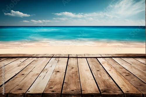 Wooden planks are empty with a beach and sea in the background. AI