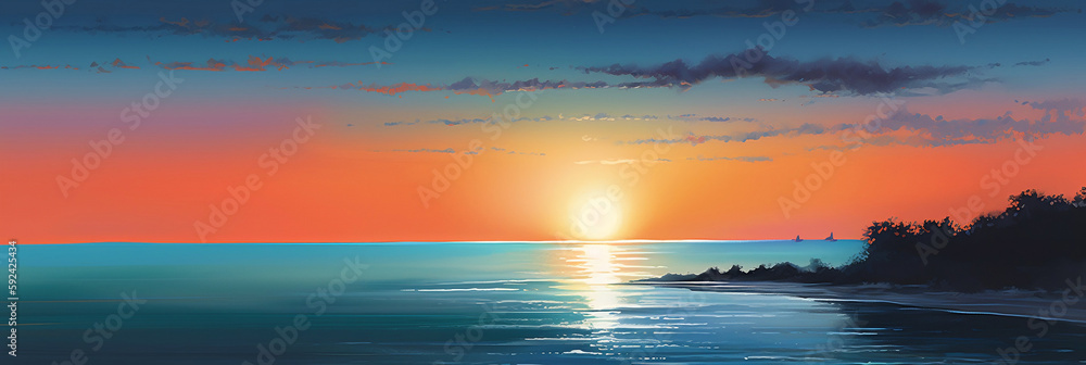 Horizon sea twilight at the coast calm peaceful relaxing landscape painting background for banner background posters advertisements, generative AI