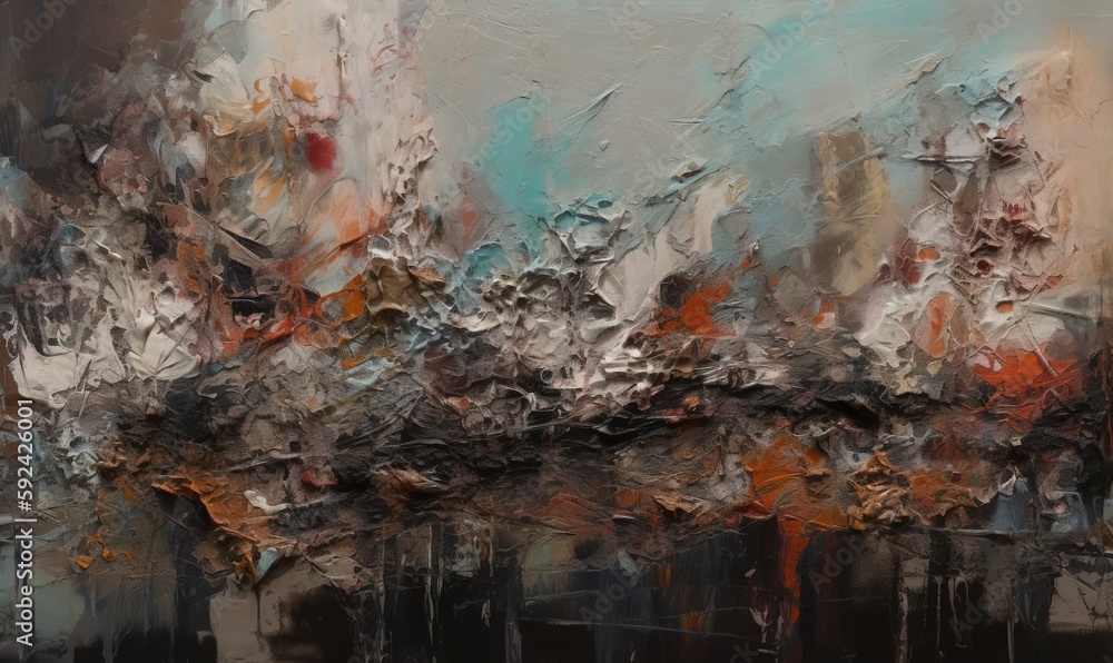  an abstract painting of a cityscape with lots of different colors and sizes of paint on the walls and floor, with a brown, blue, black, white, red, orange, grey, black, white color.  generative ai
