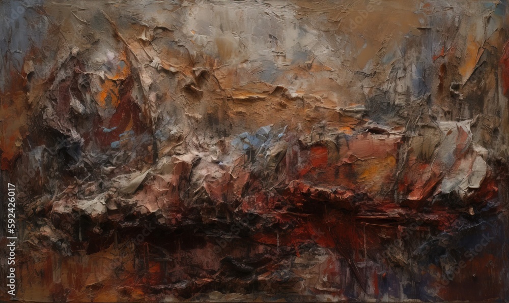  an abstract painting of a landscape with a brown and red color scheme and a blue sky in the background and a brown and red color scheme in the middle of the painting.  generative ai
