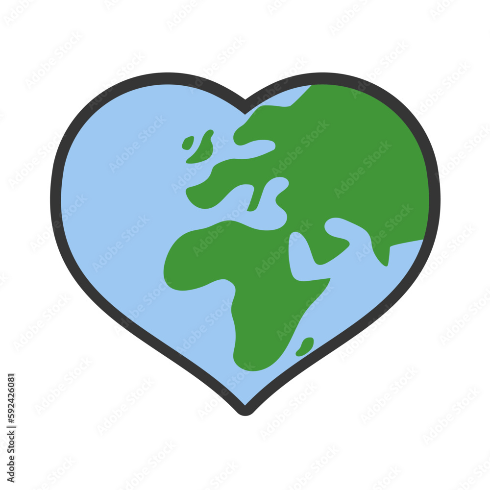 Heart shaped planet earth icon. Save the world. Eco friendly environmental message. Love. Map centered in Africa and Europe. Heart shaped planet earth icon. Save the world. Eco friendly environmental message. Love. Map centered in Africa and Europe.