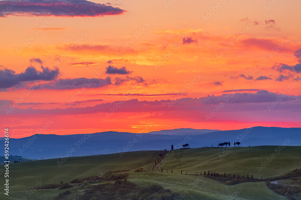 Colorful sunset, Val d'Orcia, Tuscany, Italy