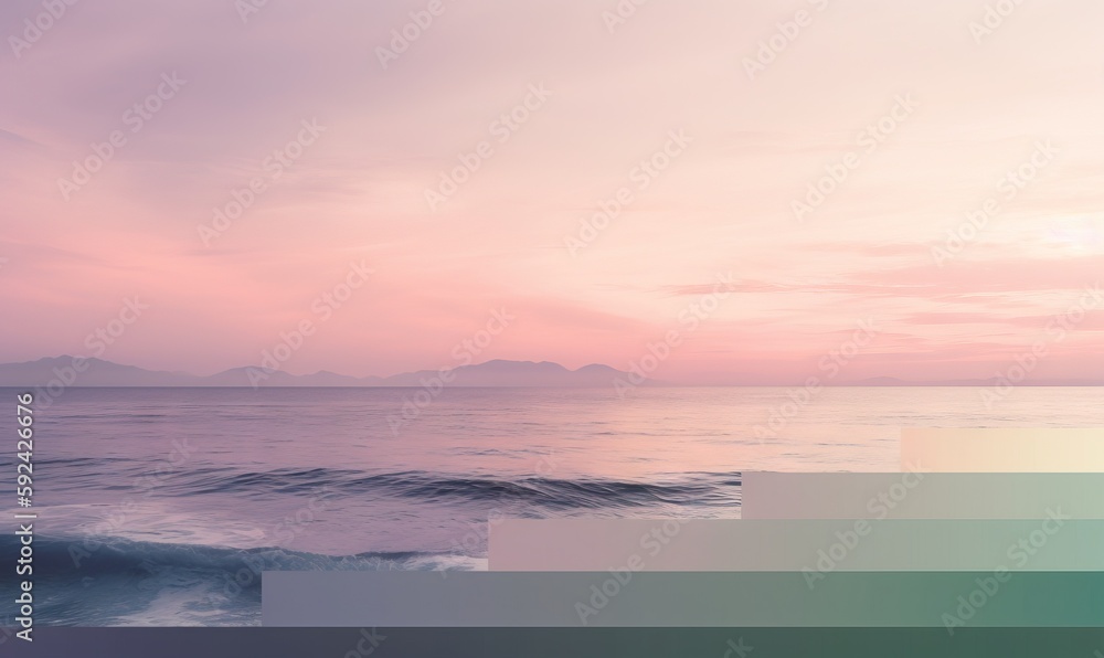  a picture of a beach with a pink sky and some waves in the water and mountains in the distance with a pink sky and blue sky.  generative ai