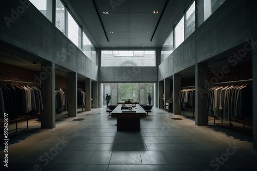 Minimalist fancy clothing shopAll-grey color palette. Centered perspective. Interior Design