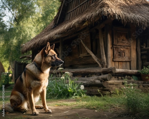 Loyal Dog Standing Guard Outside Wooden House in Small Village, Generative AI