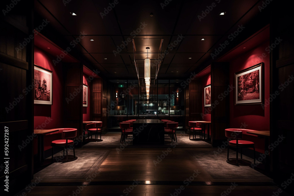 Minimalist fancy restaurant and bar. Dark red color palette. Centered perspective. Interior Design