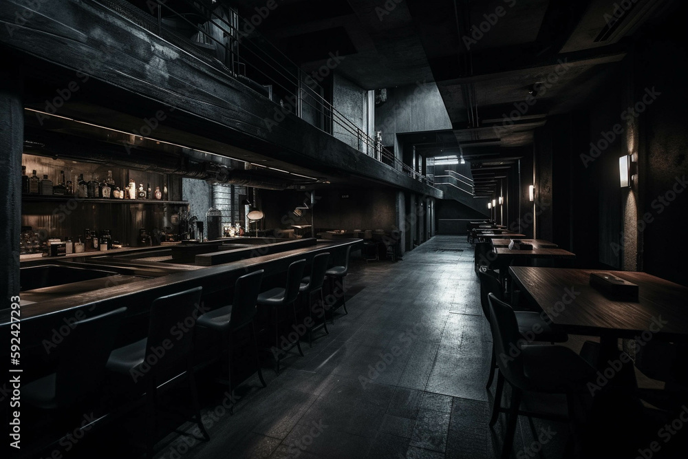 Minimalist fancy restaurant and bar. Dark black color palette. Centered perspective. Interior Design